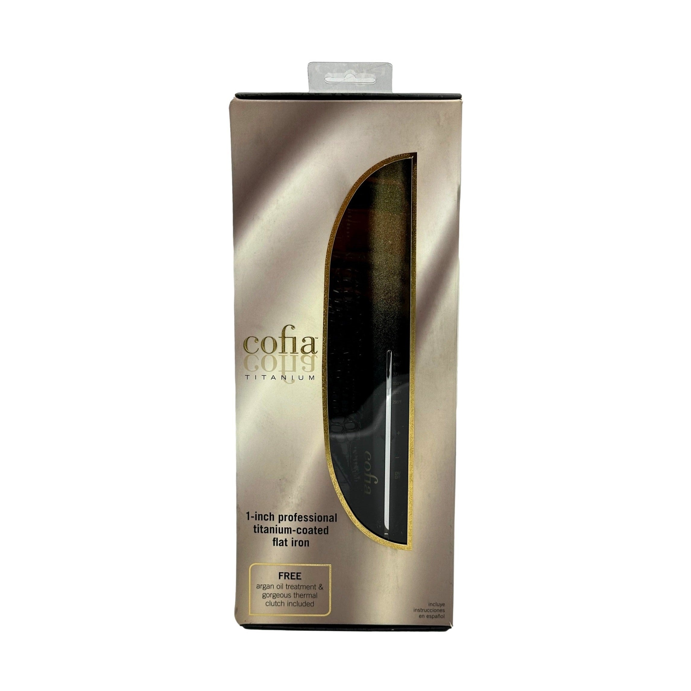 Box for a Cofia titanium-coated flat iron, featuring a cutaway view of the black device, gold accents, and text promoting free argan oil treatment.